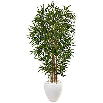 Nearly Natural 5' Bamboo Artificial Tree in Oval White Planter Green