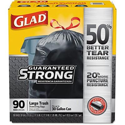 Clorox 78952 Drawstring Large Trash Bags, 30 X 33, 30gal, 1.05mil, Black, 90/Carton