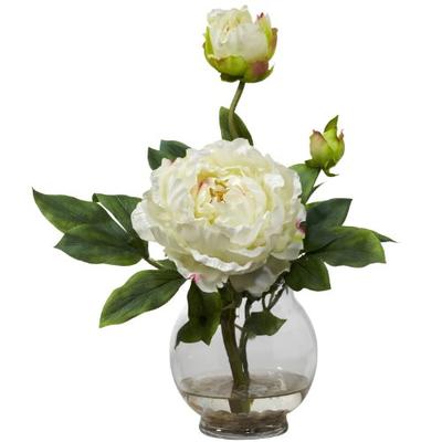Nearly Natural 1278-WH Peony with Fluted Vase Silk Flower Arrangement, White