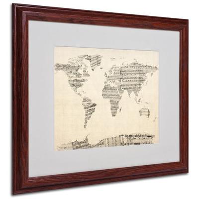 Old Sheet Music World Map Artwork by Michael Tompsett in Wood Frame, 16 by 20-Inch