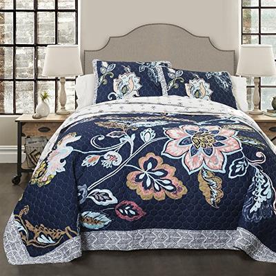 Lush Decor Aster Quilt Flower Pattern Reversible Navy 3 Piece Lightweight Bedding Set King Blanket B