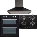 SIA 60cm Black Double True Fan Electric Oven, 4 Burner Gas Hob & Cooker Hood Fan