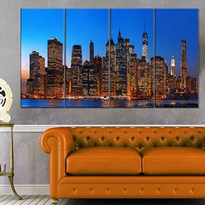 Designart Night New York City Panorama - Extra Large Cityscape Glossy Metal Wall Art 48x28-4 Equal P