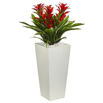 Nearly Natural Triple Bromeliad Artificial Plant in White Tower Planter