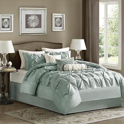 Madison Park Laurel King Size Bed Comforter Set Bed in A Bag - Seafoam, Wrinkle Tufted Pleated - 7 P