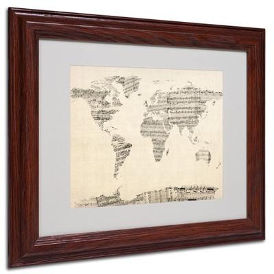 Old Sheet Music World Map Artwork by Michael Tompsett in Wood Frame, 11 by 14-Inch