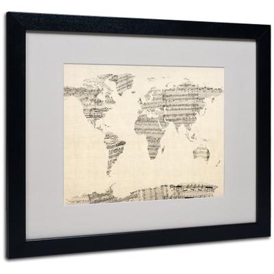 Old Sheet Music World Map Artwork by Michael Tompsett in Black Frame, 16 by 20-Inch